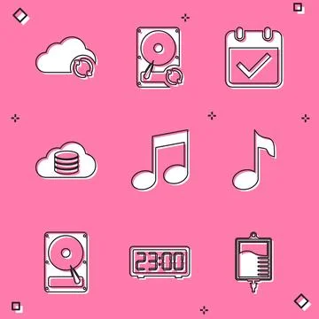 Set Cloud sync refresh, Hard disk drive HDD, Calendar with check mark, data.. Stock Illustration