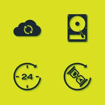 Set Cloud sync refresh, Waiting, Clock 24 hours and Hard disk drive HDD icon Illustrazione stock