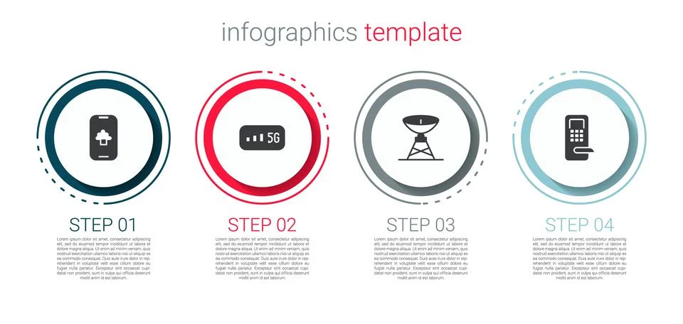 Set Cloud technology data, 5G wireless internet, Satellite dish and Digital door Stock Illustration