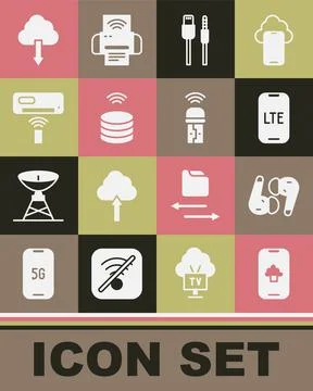 Set Cloud technology data, Air headphones, LTE network, USB cable cord, Smart Stock Illustration