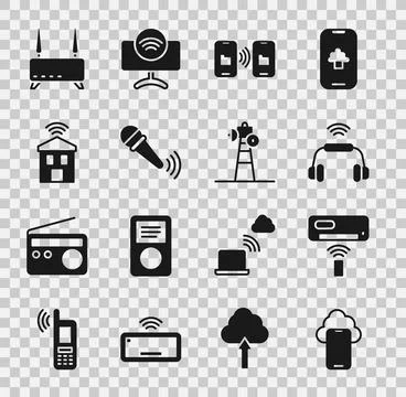 Set Cloud technology data, Air conditioner, Smart headphones system, Data tra Illustrazione stock