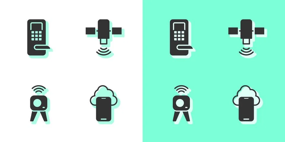 Set Cloud technology data, Digital door lock, Web camera and Satellite icon Illustrazione stock