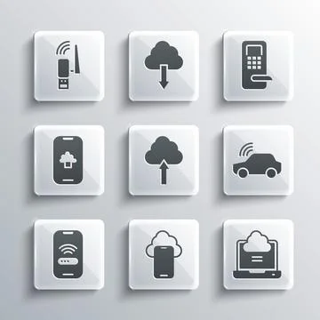 Set Cloud technology data, Network cloud connection, Smart car system, upload Stock Illustration