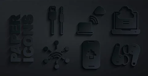 Set Cloud technology data, Network cloud connection, Air headphones,  and USB Stock Illustration