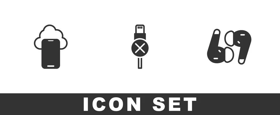 Set Cloud technology data, No usb cable cord and Air headphones icon. Vector Stock Illustration