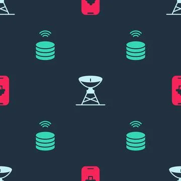 Set Cloud technology data, Satellite dish and Smart server on seamless pattern Illustrazione stock