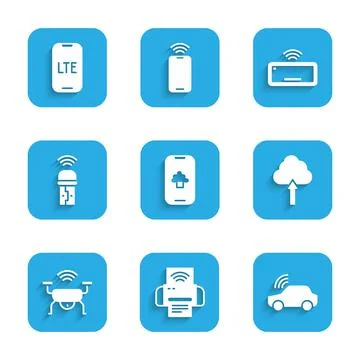 Set Cloud technology data, Smart printer system, car, upload, drone, Usb Illustrazione stock