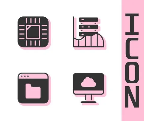 Set Cloud technology data transfer, Processor with CPU, Browser files and Server Stock Illustration