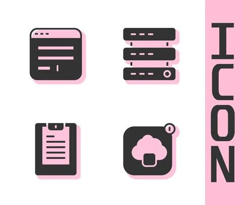 Set Cloud technology data transfer, Browser window, Server, Data report and Data Stock Illustration