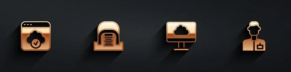 Set Cloud technology data transfer, Hangar with servers, and Analyst engineer Stock Illustration