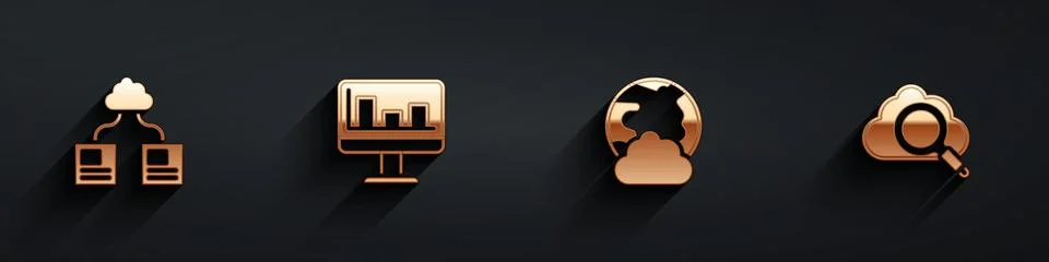 Set Cloud technology data transfer, Monitor with graph chart, Social network and Stock Illustration