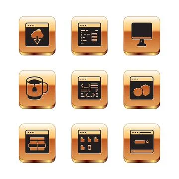 Set Cloud technology data transfer, MySQL code, Browser files, Software, Cup tea Stock Illustration