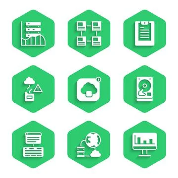 Set Cloud technology data transfer, Network cloud connection, Monitor with graph Illustrazione stock