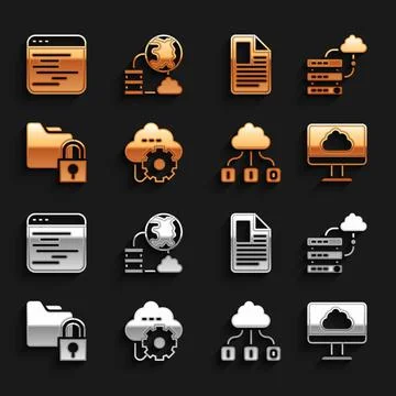 Set Cloud technology data transfer, Network cloud connection, Folder and lock Stock Illustration