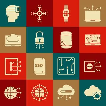 Set Cloud technology data transfer and storage, Remote control, Laptop Illustrazione stock
