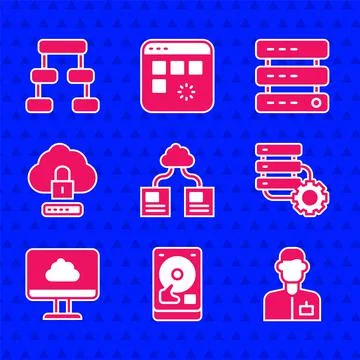 Set Cloud technology data transfer, Hard disk drive HDD, Analyst engineer Stock Illustration