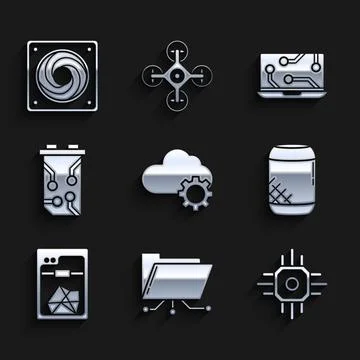 Set Cloud technology data transfer and storage, Folder lock, Processor, Voice Illustrazione stock