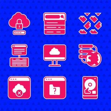 Set Cloud technology data transfer, File missing, Hard disk drive HDD, Network Illustrazione stock