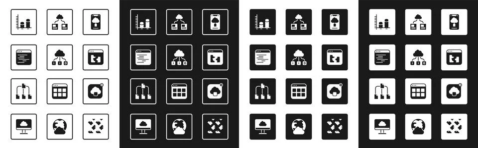 Set Cloud technology data transfer, Software, Data analysis, Broken file, and Stock Illustration