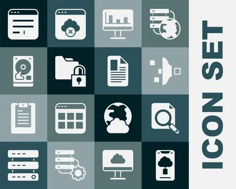 Set Cloud technology data transfer, Search concept with folder, Filter setting 스톡 일러스트