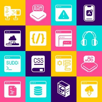 Set Cloud technology data transfer, Processor with microcircuits CPU, Headphones Illustrazione stock