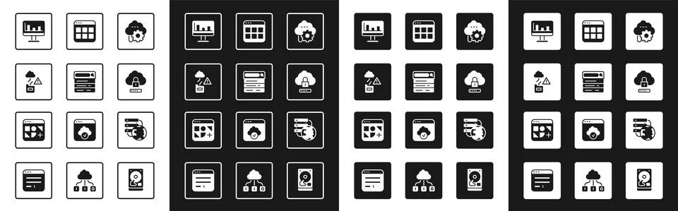 Set Cloud technology data transfer, Search engine, Monitor with graph chart 스톡 일러스트