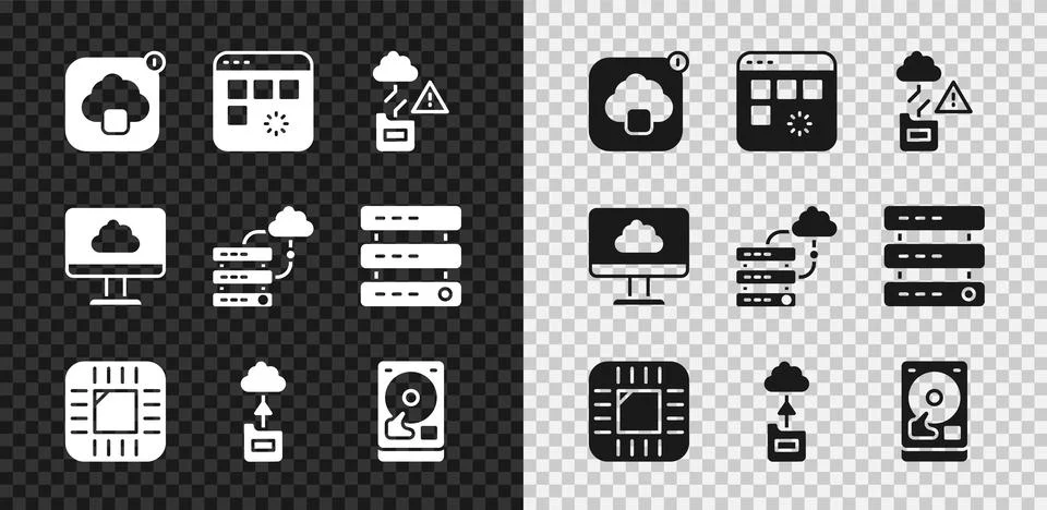 Set Cloud technology data transfer, Loading window, Processor with CPU, Hard Stock Illustration