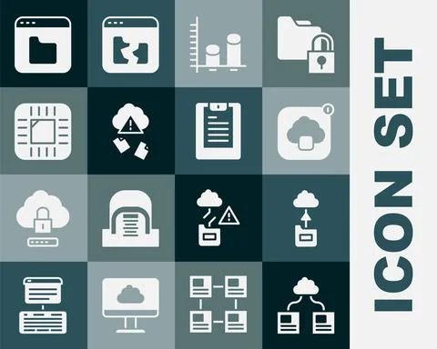 Set Cloud technology data transfer, Data analysis, hacking, Processor with CPU 스톡 일러스트