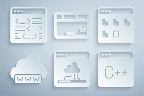 Set Cloud technology data transfer, Browser files, Web development, Software Stock Illustration