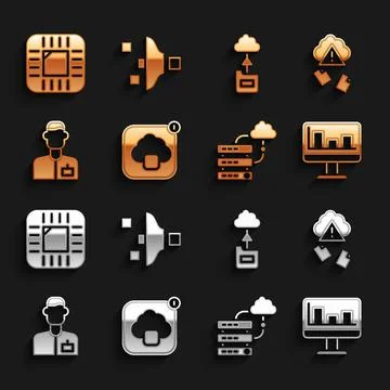 Set Cloud technology data transfer, hacking, Monitor with graph chart, Network Stock Illustration