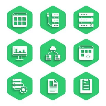 Set Cloud technology data transfer, File document, Server, Data report, Loading Stock Illustration