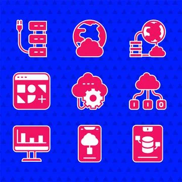 Set Cloud technology data transfer, Server, Data, Web Hosting, Monitor with Illustrazione stock