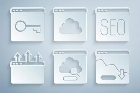 Set Cloud technology data transfer, SEO optimization, Browser window, Financial Ilustración de archivo