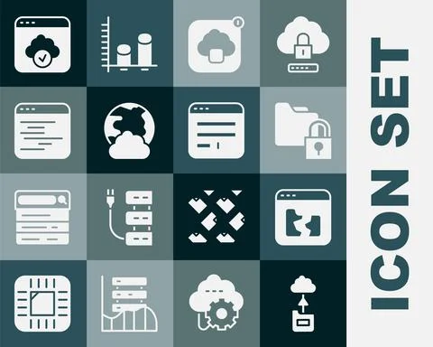 Set Cloud technology data transfer, Broken file, Folder and lock, Social network Stock Illustration