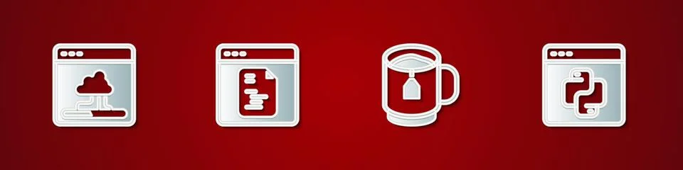 Set Cloud technology data transfer, Software, Cup tea with tea bag and Python Stock Illustration