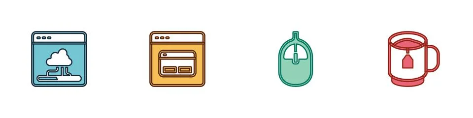 Set Cloud technology data transfer, Search engine, Computer mouse and Cup of tea Stock Illustration