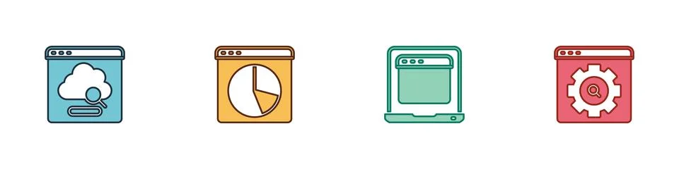 Set Cloud technology data transfer, Graph chart infographic, Laptop with browser Stock Illustration