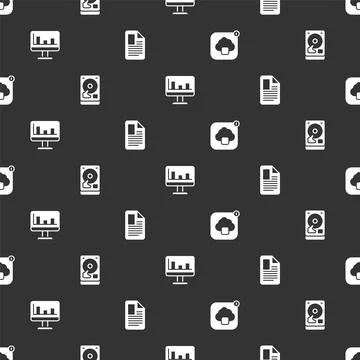 Set Cloud technology data transfer, Hard disk drive HDD, Monitor with graph Illustrazione stock