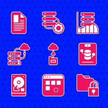 Set Cloud technology data transfer, Loading window, Folder and lock, Server Stock Illustration