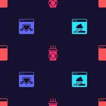 Set Cloud technology data transfer, Browser with shield, Coffee cup to go and Stock Illustration