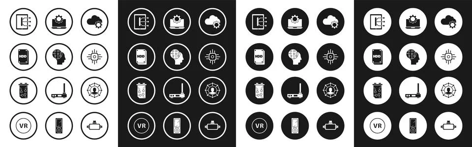 Set Cloud technology data transfer and storage, Human brain as digital circui Stock Illustration