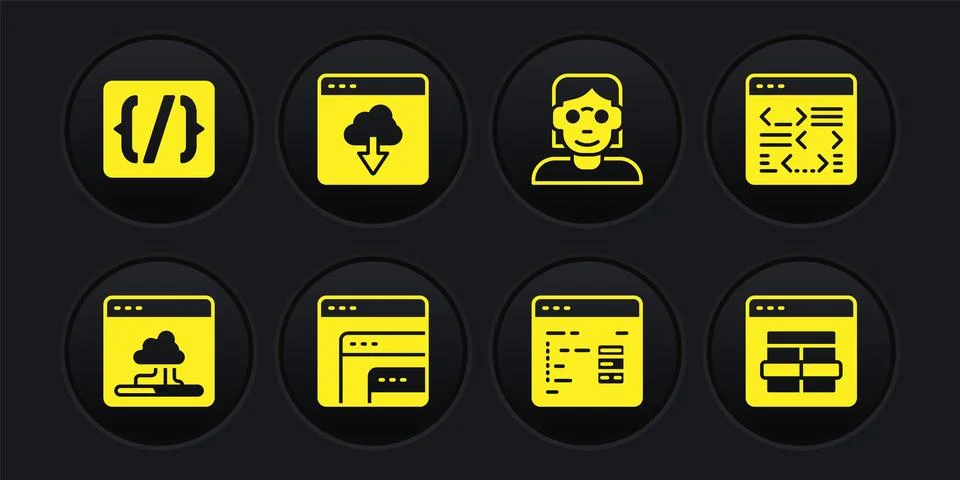 Set Cloud technology data transfer, Software, Hacker or coder, MySQL and Stock Illustration