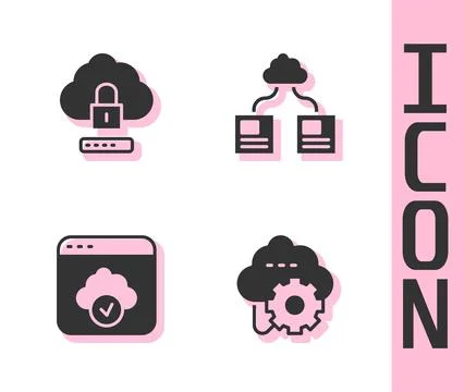Set Cloud technology data transfer, computing lock,  and  icon. Vector Illustrazione stock