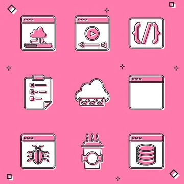 Set Cloud technology data transfer, Online play video, Programming language.. 库存插图