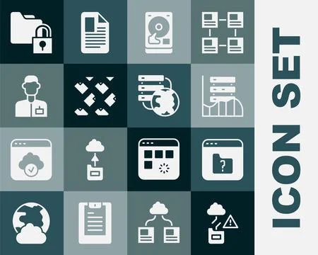 Set Cloud technology data transfer, File missing, Server, Data, Web Hosting.. Stock Illustration