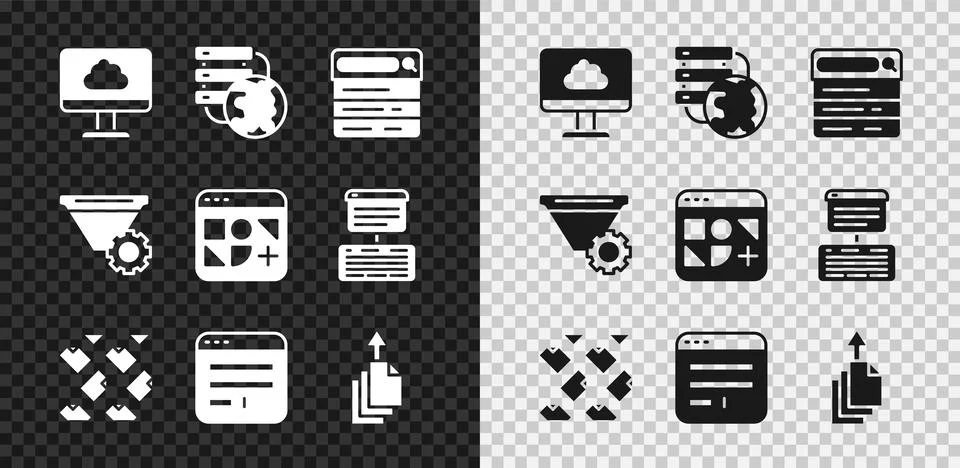 Set Cloud technology data transfer, Network cloud connection, Search engine.. Stock Illustration