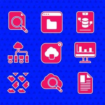 Set Cloud technology data transfer, Search cloud computing, File document, .. Illustrazione stock