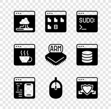 Set Cloud technology data transfer, Browser files, Code terminal, Software,.. Stock Illustration