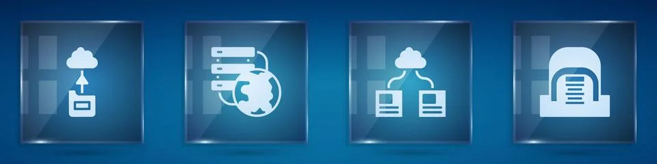 Set Cloud technology data transfer, Network cloud connection,  and Hangar w.. Illustrazione stock