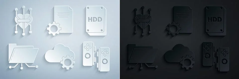 Set Cloud technology data transfer and storage, Hard disk drive HDD, Folder.. Stock Illustration